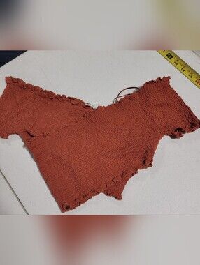 Love Tree Rust Orange Smocked Off-Shoulder Crop Top
